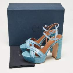Pre Owned Malone Souliers Blue Croc Embossed Leather Mila Platform Ankle Strap Sandals Size 38