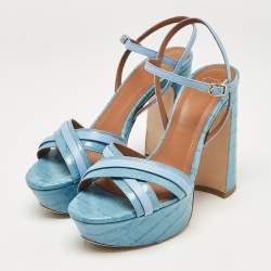 Pre Owned Malone Souliers Blue Croc Embossed Leather Mila Platform Ankle Strap Sandals Size 38