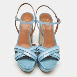 Pre Owned Malone Souliers Blue Croc Embossed Leather Mila Platform Ankle Strap Sandals Size 38