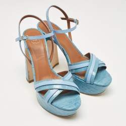 Pre Owned Malone Souliers Blue Croc Embossed Leather Mila Platform Ankle Strap Sandals Size 38