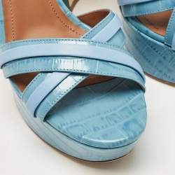 Pre Owned Malone Souliers Blue Croc Embossed Leather Mila Platform Ankle Strap Sandals Size 38