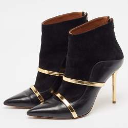 Pre Owned Malone Souliers Black/Gold Leather and Suede Madison Ankle Length Boots Size 39