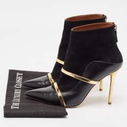 Pre Owned Malone Souliers Black/Gold Leather and Suede Madison Ankle Length Boots Size 39