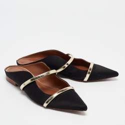 Malone Souliers Black/Gold Satin and Leather Maureen Flat Mules Size 38.5
