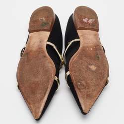 Malone Souliers Black/Gold Satin and Leather Maureen Flat Mules Size 38.5