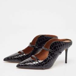 Pre Owned Malone Souliers Black Croc Embossed Patent Leather Maureen Pointed Toe Mules Size 40