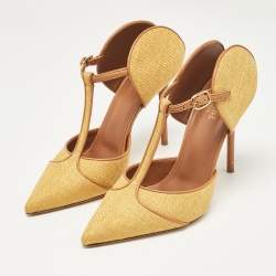 Pre Owned  Malone Souliers Yellow/Brown Canvas and Raffia Trim Imogen Pumps Size 38.5