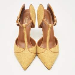 Pre Owned  Malone Souliers Yellow/Brown Canvas and Raffia Trim Imogen Pumps Size 38.5