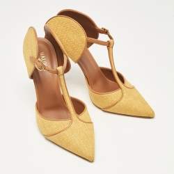 Pre Owned  Malone Souliers Yellow/Brown Canvas and Raffia Trim Imogen Pumps Size 38.5