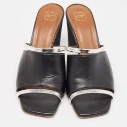 Pre Owned Malone Souliers Silver/Black Leather Laney Slide Sandals Size 39.5