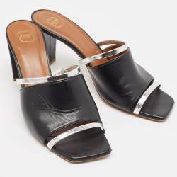 Pre Owned Malone Souliers Silver/Black Leather Laney Slide Sandals Size 39.5