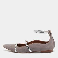 Malone Souliers Grey/Silver Suede and Leather Ankle Strap Ballet Flats Size 39.5