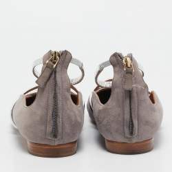 Malone Souliers Grey/Silver Suede and Leather Ankle Strap Ballet Flats Size 39.5