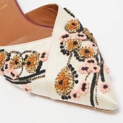 Pre Owned Malone Souliers Off White Satin Floral Embroidered Flat Mules Size 39.5
