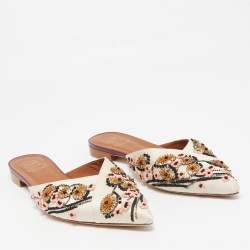 Pre Owned Malone Souliers Off White Satin Floral Embroidered Flat Mules Size 39.5