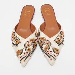 Pre Owned Malone Souliers Off White Satin Floral Embroidered Flat Mules Size 39.5