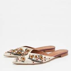 Pre Owned Malone Souliers Off White Satin Floral Embroidered Flat Mules Size 39.5