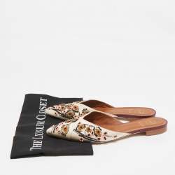 Pre Owned Malone Souliers Off White Satin Floral Embroidered Flat Mules Size 39.5
