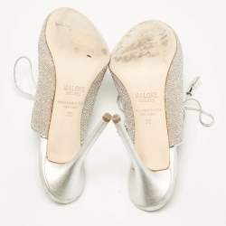 Pre Owned Malone Souliers Silver Leather and Lurex Fabric Lace Up Mules Size 38