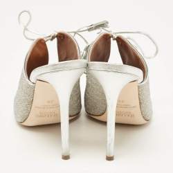 Pre Owned Malone Souliers Silver Leather and Lurex Fabric Lace Up Mules Size 38