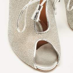 Pre Owned Malone Souliers Silver Leather and Lurex Fabric Lace Up Mules Size 38