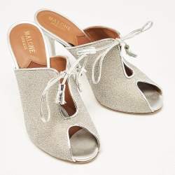 Pre Owned Malone Souliers Silver Leather and Lurex Fabric Lace Up Mules Size 38