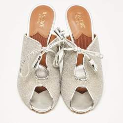 Pre Owned Malone Souliers Silver Leather and Lurex Fabric Lace Up Mules Size 38