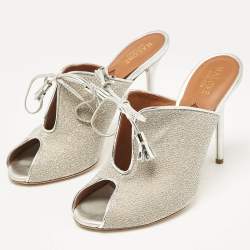 Pre Owned Malone Souliers Silver Leather and Lurex Fabric Lace Up Mules Size 38