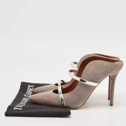 Pre Owned Malone Souliers Grey/Silver Suede and Leather Maureen Mules Size 38.5