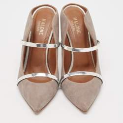 Pre Owned Malone Souliers Grey/Silver Suede and Leather Maureen Mules Size 38.5