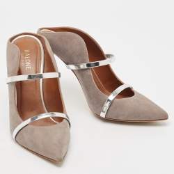 Pre Owned Malone Souliers Grey/Silver Suede and Leather Maureen Mules Size 38.5