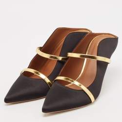 Pre Owned Malone Souliers Black/Gold Leather and Satin Maureen Mules Size 40