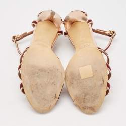 Pre Owned Malone Souliers Burgundy/Gold Leather and Satin Ankle Strap Sandals Size 38