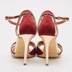 Pre Owned Malone Souliers Burgundy/Gold Leather and Satin Ankle Strap Sandals Size 38