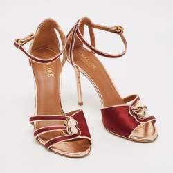Pre Owned Malone Souliers Burgundy/Gold Leather and Satin Ankle Strap Sandals Size 38