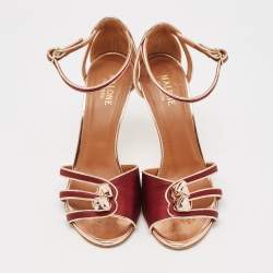 Pre Owned Malone Souliers Burgundy/Gold Leather and Satin Ankle Strap Sandals Size 38