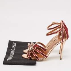 Pre Owned Malone Souliers Burgundy/Gold Leather and Satin Ankle Strap Sandals Size 38
