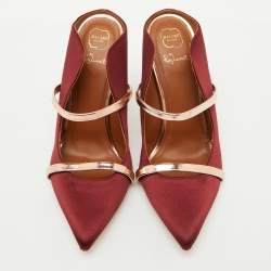 Pre Owned Malone Souliers Burgundy/Rose Gold Satin and Leather Maureen Mules Size 37.5
