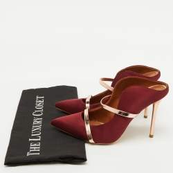 Pre Owned Malone Souliers Burgundy/Rose Gold Satin and Leather Maureen Mules Size 37.5