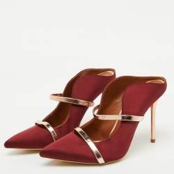 Pre Owned Malone Souliers Burgundy/Rose Gold Satin and Leather Maureen Mules Size 37.5