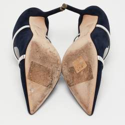 Pre Owned Malone Souliers Navy Blue/Silver Suede and Leather Maureen Mules Size 38.5