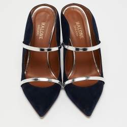 Pre Owned Malone Souliers Navy Blue/Silver Suede and Leather Maureen Mules Size 38.5