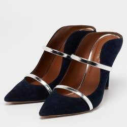 Pre Owned Malone Souliers Navy Blue/Silver Suede and Leather Maureen Mules Size 38.5