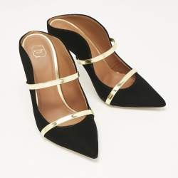 Pre Owned Malone Souliers Black/Gold Velvet and Leather Maureen Mules Size 38