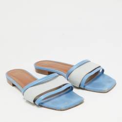 Malone Souliers Grey/Blue Leather And Fabric Demi Flat Slides Size 40
