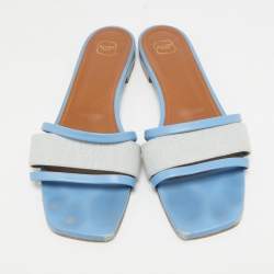 Malone Souliers Grey/Blue Leather And Fabric Demi Flat Slides Size 40