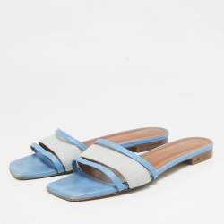 Malone Souliers Grey/Blue Leather And Fabric Demi Flat Slides Size 40