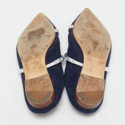 Pre Owned Malone Souliers Navy Blue/Silver Velvet and Leather Maureen Flat Mules Size 37