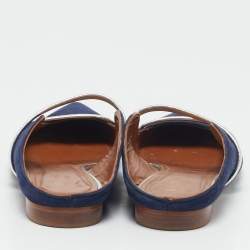 Pre Owned Malone Souliers Navy Blue/Silver Velvet and Leather Maureen Flat Mules Size 37