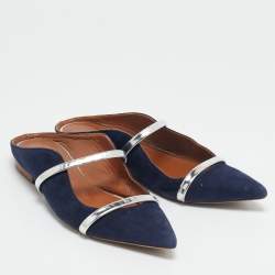 Pre Owned Malone Souliers Navy Blue/Silver Velvet and Leather Maureen Flat Mules Size 37